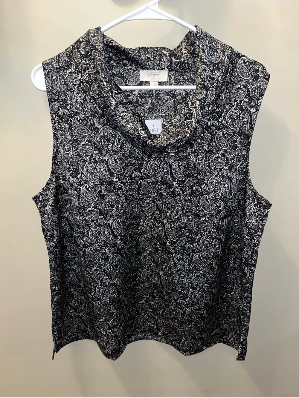 LOFT Black & White Paisley Sleeveless Cowl Neck Shell
